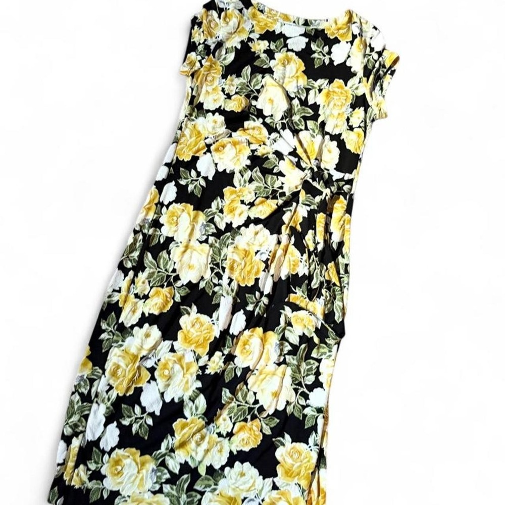 Yellow Floral Ruched Flattering Midi Dress Womens 12 Modest Work Professional